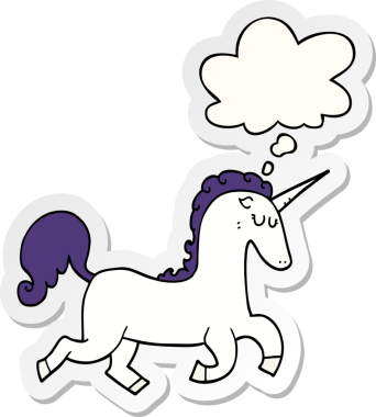 Düşünce baloncuklu tek boynuzlu at bir insan tarafından çizilmiş bir çıkartma.