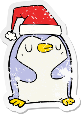Bir insan tarafından çizilmiş noel şapkası giyen bir penguen karikatürü.