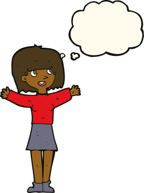 Bir insan tarafından çizilmiş düşünce baloncuğu olan heyecanlı bir kadın.