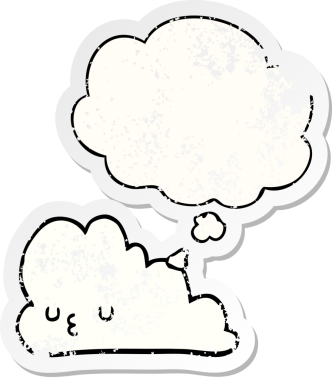 Düşünce baloncuğu olan sevimli çizgi film bulutu bir insan tarafından çizilmiş yıpranmış bir çıkartma gibi.