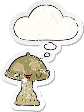 Düşünce baloncuklu çizgi film mantarı bir insan tarafından çizilmiş yıpranmış bir çıkartma.