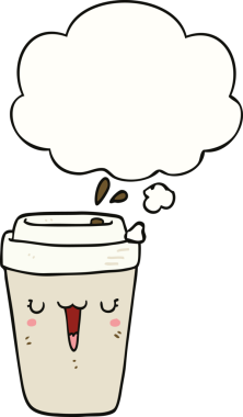 Bir insan tarafından çizilmiş düşünce baloncuklu kahve fincanı.