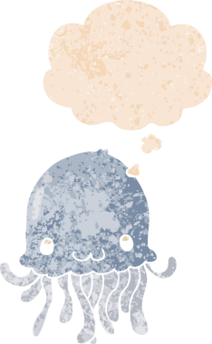 Düşünce baloncuklu çizgi film denizanası grunge sıkıntılı retro desenli bir insan tarafından çizilmiş