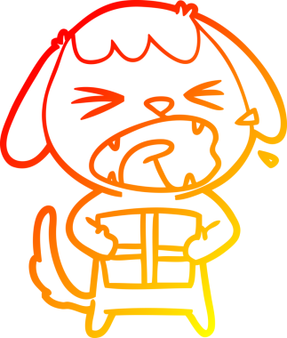 Bir insan tarafından çizilmiş Noel hediyeli şirin bir köpeğin sıcak çizgi çizimi.