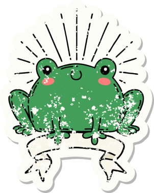 Dövme stili eski bir çıkartma. Bir insan tarafından çizilmiş mutlu kurbağa.