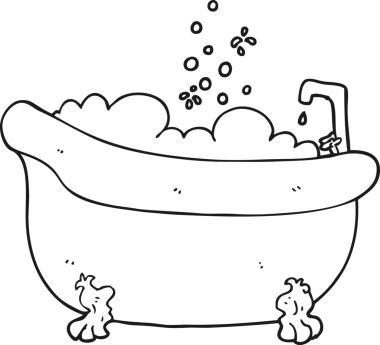 Bir insan tarafından çizilmiş su dolu siyah beyaz karikatür küveti.