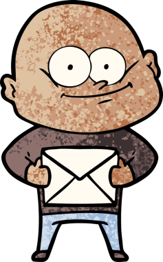 Bir insan tarafından çizilmiş bir mektupla bakan kel bir adam.