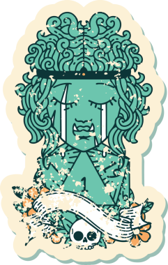 Retro Dövme Tarzı Ağlayan Ork barbar karakter yüzü ve bir insan tarafından çizilmiş doğal bir D20 rulo