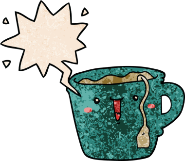 Bir insan tarafından çizilmiş geçmişe dönük konuşma baloncuklu şirin çizgi film kahve fincanı.