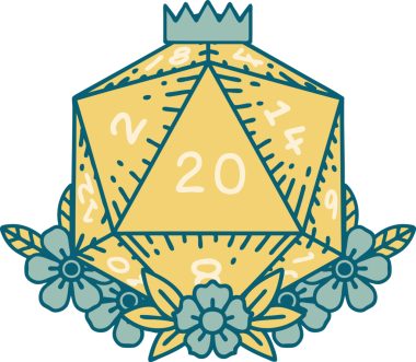 Retro Dövme Biçimi Doğal 20 D20 zar bir insan tarafından çizilmiş çiçek elementleriyle