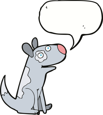 bir insan tarafından çizilmiş konuşma balonlu mutlu bir köpek.