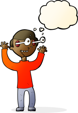 Bir insan tarafından çizilmiş düşünce baloncuğuyla gözleri fırlayan çizgi film adamı.