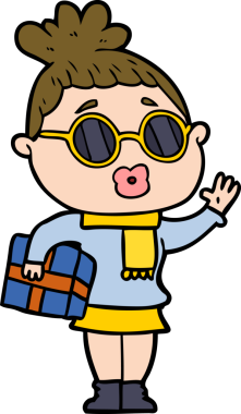 Bir insan tarafından çizilmiş güneş gözlüğü takan çizgi film kadını.