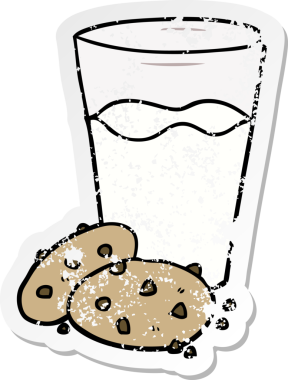 Çizgi film kurabiyelerinin ve bir insanın çizdiği sütün sıkıntılı etiketi.