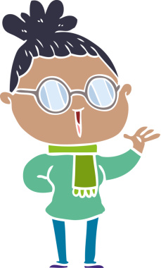 Düz renkli karikatür kadın bir insan tarafından çizilmiş gözlük giyiyor.