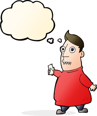 Bir insan tarafından çizilmiş düşünce balonlu biletleri olan sinirli bir çizgi film adamı.