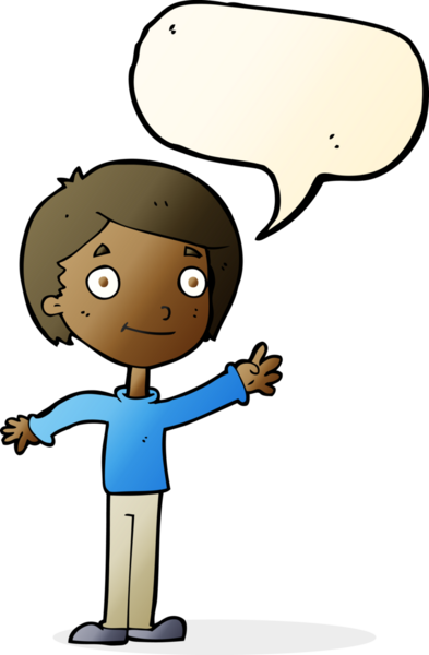 Bir insan tarafından çizilmiş konuşma balonu olan mutlu bir çocuk.