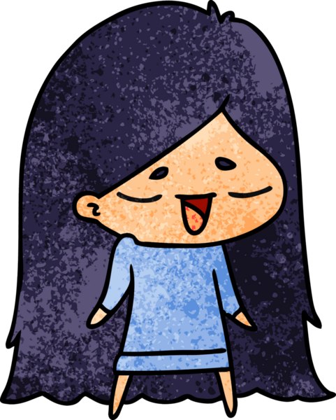 Bir insan tarafından çizilmiş, el yazısıyla çizilmiş tatlı kawaii uzun saçlı kız çizgi filmi.