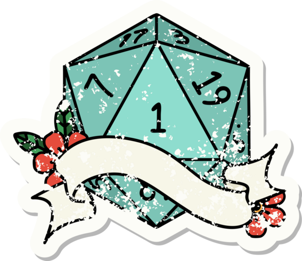 Bir insan tarafından çizilmiş doğal bir d20 zarının grunge çıkartması.