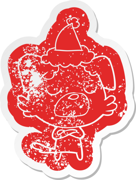 Bir insan tarafından çizilmiş Noel Baba şapkası takan bir köpeğin garip bir karikatürü.