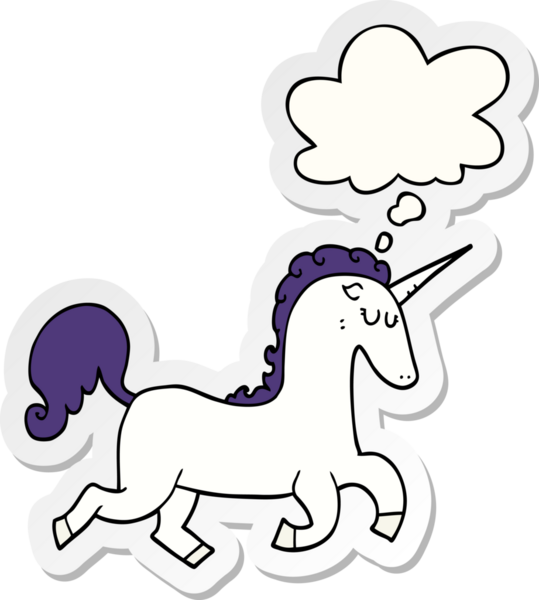 Düşünce baloncuklu tek boynuzlu at bir insan tarafından çizilmiş bir çıkartma.