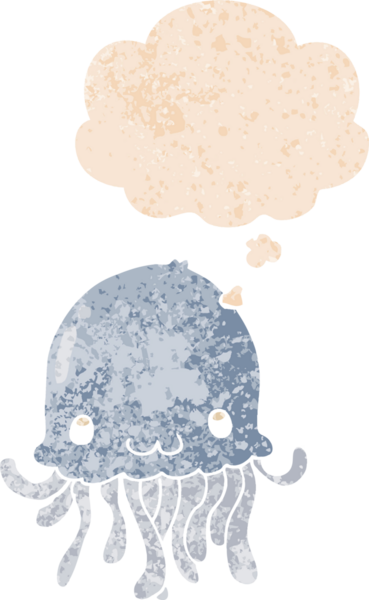 Düşünce baloncuklu çizgi film denizanası grunge sıkıntılı retro desenli bir insan tarafından çizilmiş