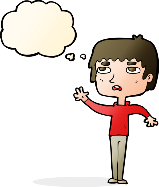 Bir insan tarafından çizilmiş düşünce baloncuğuyla el sallayan mutsuz bir çocuk.