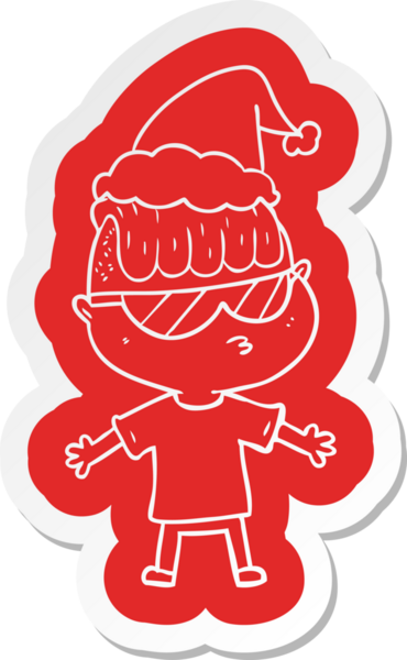 Güneş gözlüğü takan, Noel Baba şapkası takan bir çocuğun insan tarafından çizilmiş garip bir karikatür çıkartması.