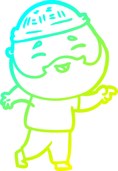 Bir insan tarafından çizilmiş, mutlu, sakallı, çizgi film karakteri.