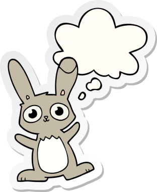 Bir insan tarafından çizilmiş bir çıkartma gibi düşünce balonlu şirin çizgi film tavşanı.