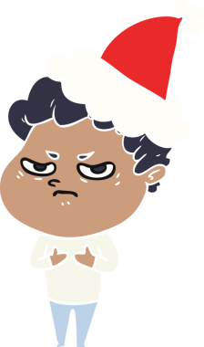 Bir insan tarafından çizilmiş Noel Baba şapkası giyen kızgın bir adamın düz renkli çizimi.