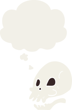 Düşünce baloncuğu olan karikatür kafatası insan tarafından çizilmiş.