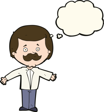 Çizgi filmlerdeki bıyıklı adam, kolları açık, düşünce baloncuğu çizen bir insan.