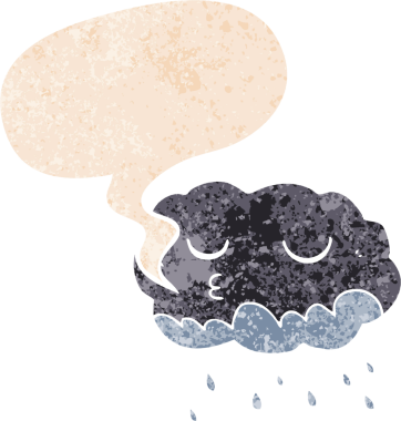 çizgi film yağmur bulutu ile konuşma balonu grunge sıkıntılı retro dokuma tarzı bir insan tarafından çizilmiş