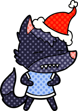 Bir insan tarafından çizilmiş Noel Baba şapkası giymiş bir kurdun el çizimi çizgi roman çizimi.