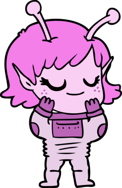 Bir insan tarafından çizilmiş gülümseyen uzaylı kız çizgi filmi.