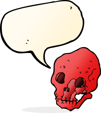 Bir insan tarafından çizilmiş konuşma baloncuğu olan karikatürümsü kafatası.