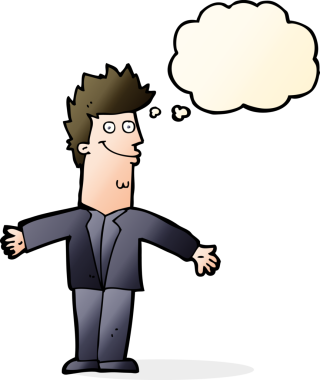 Bir insan tarafından çizilmiş düşünce baloncuğuyla kollarını açmış mutlu bir adam çizgi filmi.