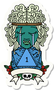 Ağlayan bir ork barbar karakterinin çıkartması. Bir insan tarafından çizilmiş doğal bir D20 rulosu.