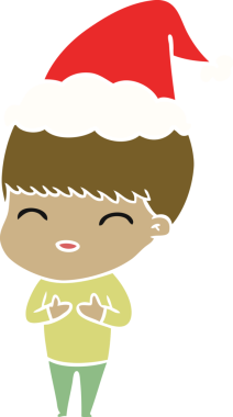 Bir insan tarafından çizilmiş Noel Baba şapkası giyen bir çocuğun çizilmiş mutlu el çizimi düz renk çizimi.