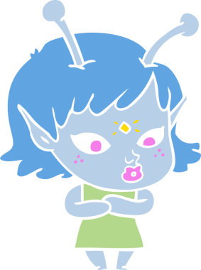 Bir insan tarafından çizilmiş düz renk çizgi film uzaylı kızı.