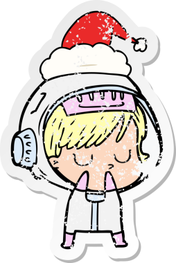 Bir insan tarafından çizilmiş Noel Baba şapkası giyen astronot bir kadının çizilmiş el yazısı.