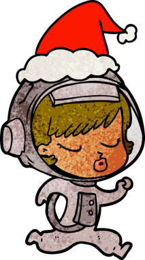 Bir insan tarafından çizilmiş Noel Baba şapkasıyla koşan güzel bir astronot kızın el çizimi karikatürü.