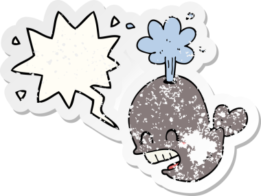 Bir insan tarafından çizilmiş, kederli, yaşlı bir çıkartma ile balina konuşma kabarcığı püskürten çizgi film.