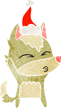 Bir insanın çizdiği Noel Baba şapkasıyla ıslık çalan bir kurdun el çizimi karikatürü