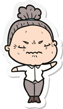 Çizgi film çıkartması. Bir insan tarafından çizilmiş yaşlı bir kadın.