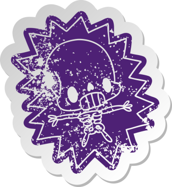 Sıkıntılı eski çizgi film çıkartması Kawaii bir insan tarafından çizilmiş iskelete elektrik verdi.