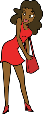 Bir insan tarafından çizilmiş el çantasına bakan karikatür kadın.