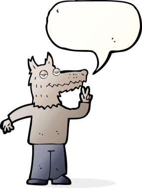 Bir insan tarafından çizilmiş konuşma balonlu mutlu kurt adam.