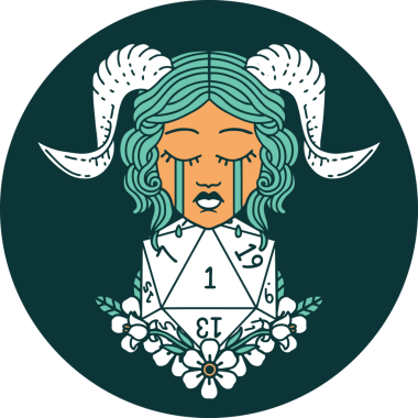 Ağlama ikonu, bir insan tarafından çizilmiş doğal bir D20 zar ile bağlanıyor.